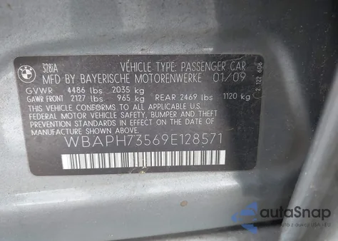 2009 BMW 328I z USA, uszkodzony, nr VIN WBAPH73569E128571